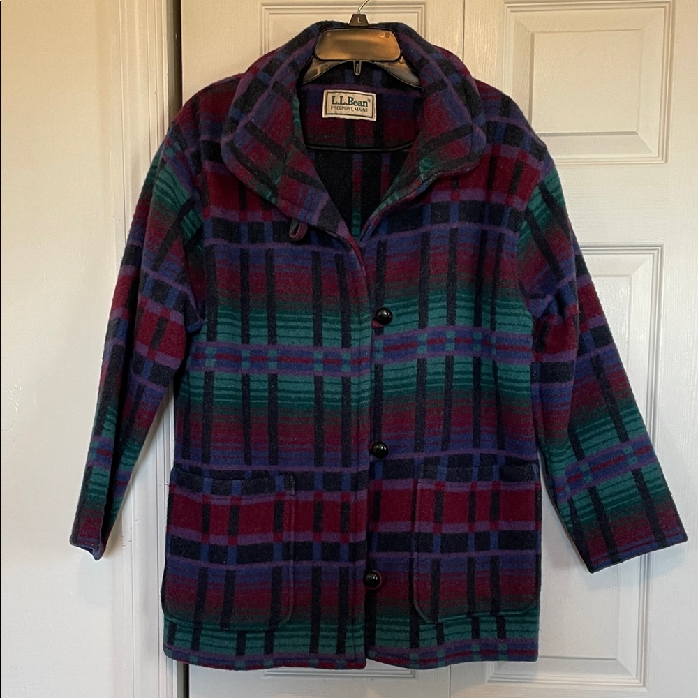 VTG 80s L.L.Bean wool blend stadium blanket Aztec coat Southwestern plaid pocket - Picture 3 of 12